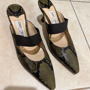Jimmy Choo Olive Snakeskin Mules with Black Strap